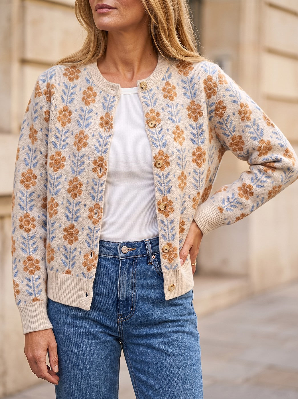 Women's Floral Jacquard Crew Neck Cardigan