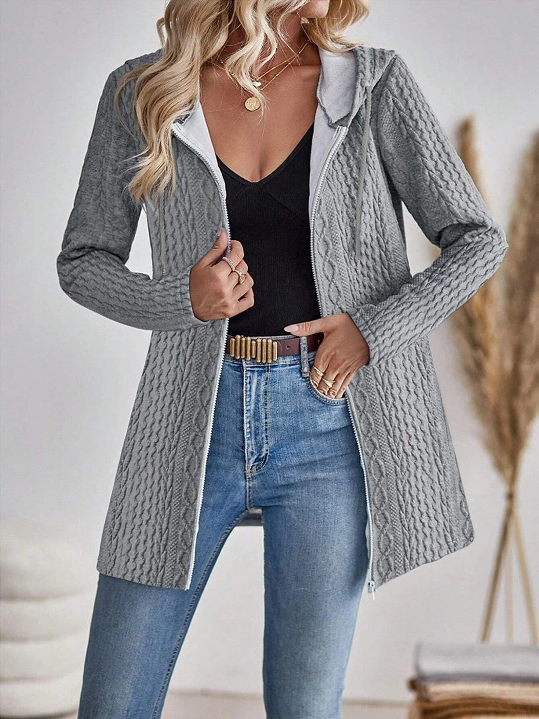 Women's Cable Knit Zip Up Hooded Cardigan