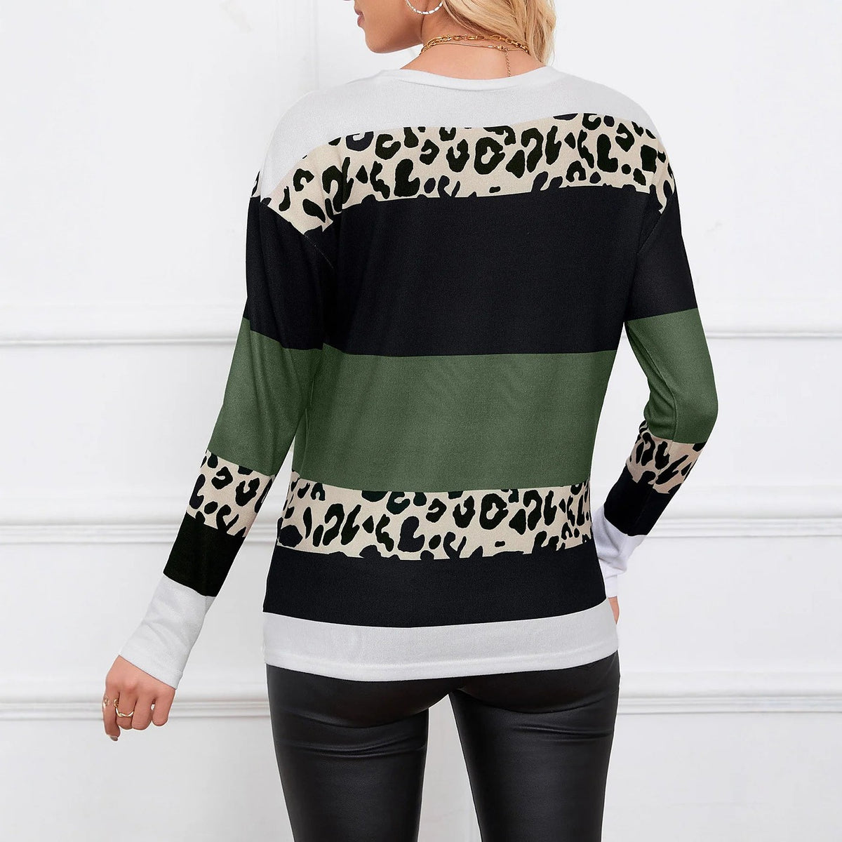 Women's Leopard Colorblock Long Sleeve Knit Top