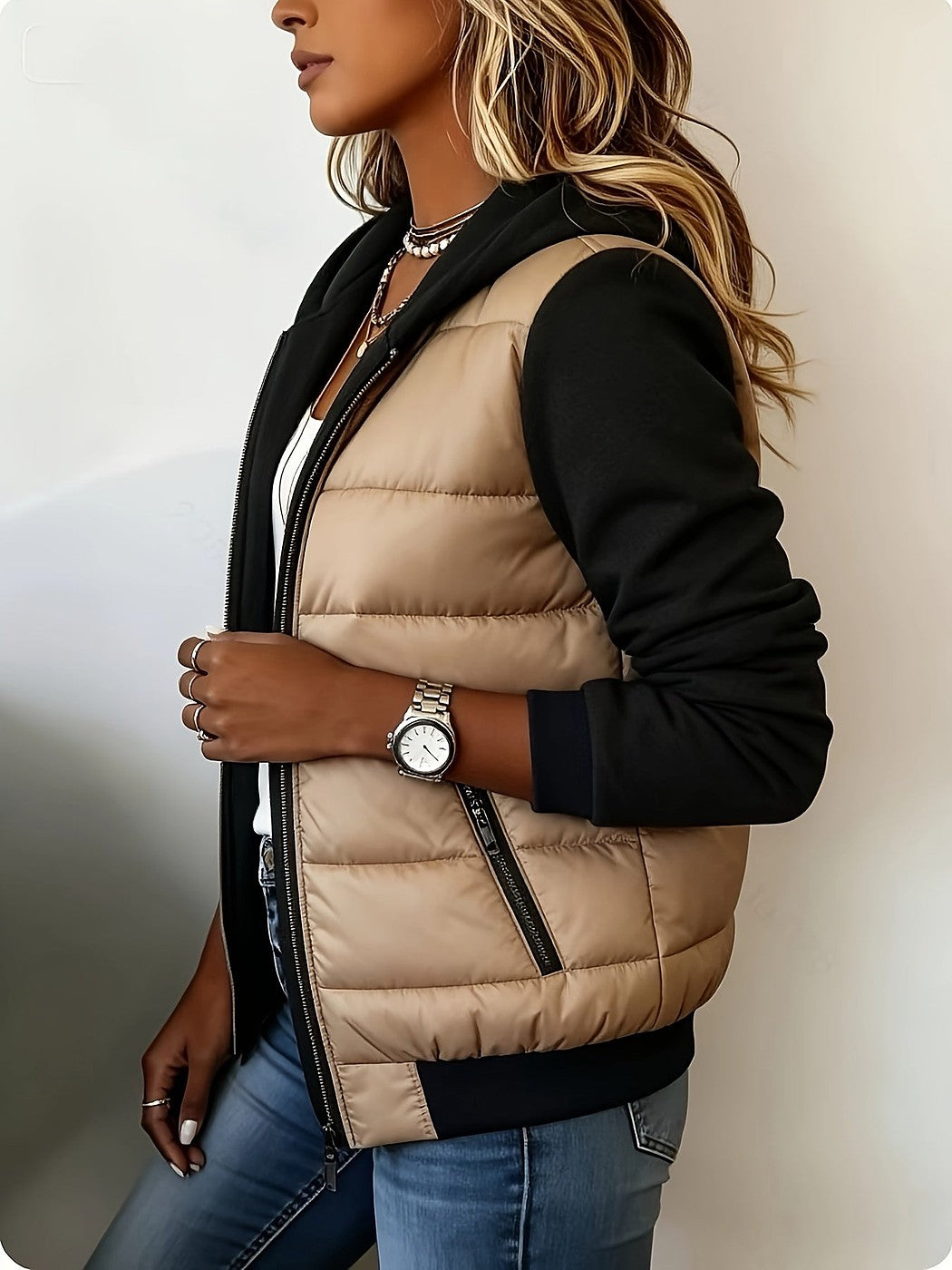 Women's Hooded Puffer Jacket Contrast Fleece Sleeves