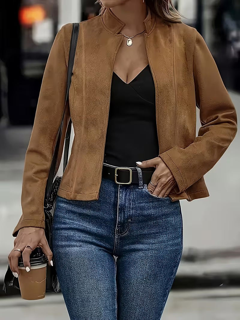 Women's Faux Suede Cropped Jacket Stand Collar