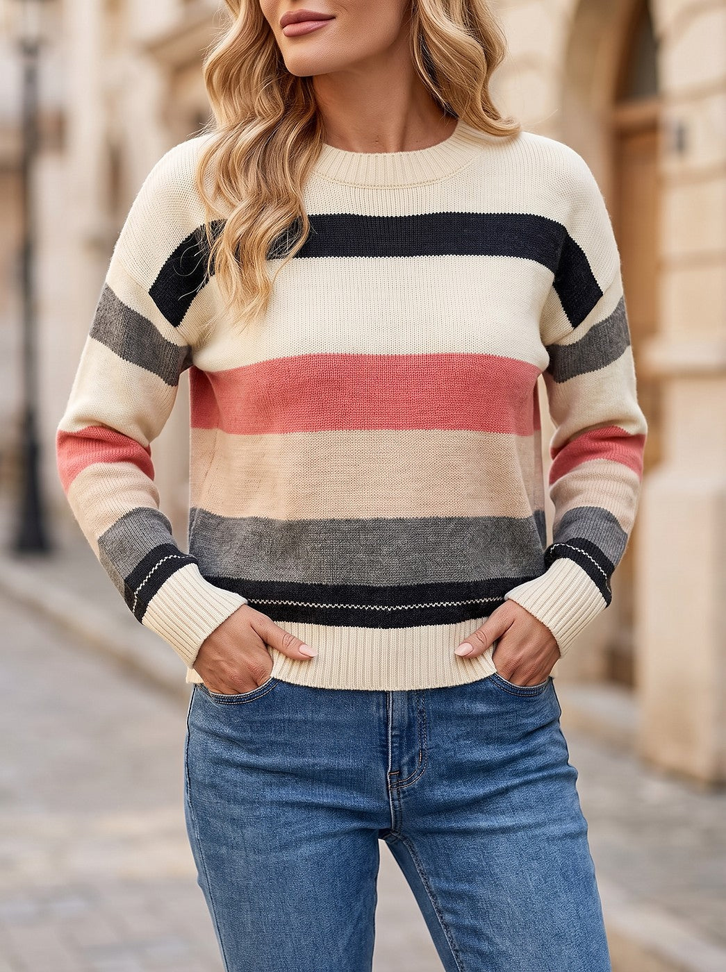 Women's Wide Stripe Drop Shoulder Pullover Sweater