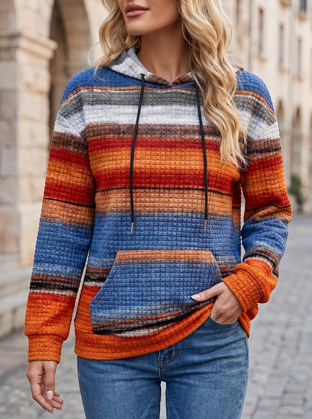Women's Striped Waffle Knit Kangaroo Pocket Hoodie