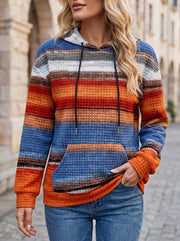 Women's Striped Waffle Knit Kangaroo Pocket Hoodie