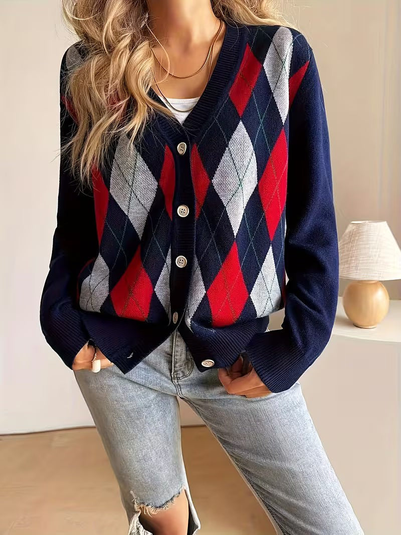 Women's Preppy Argyle Crewneck Cardigan