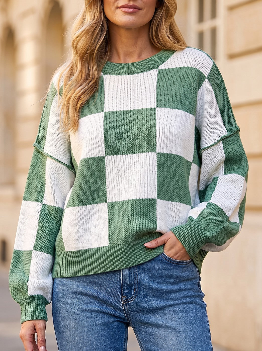 Women's Checkerboard Knit Cropped Crewneck Sweater