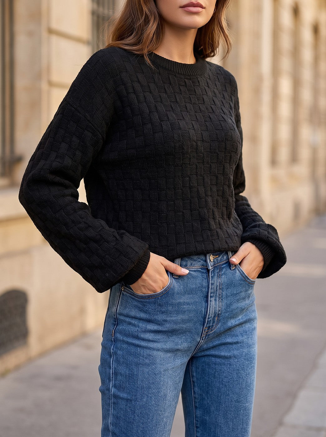 Women's Geometric Texture Long Sleeve Crewneck Sweater