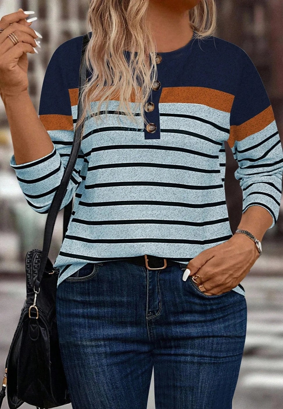 Women's Striped Henley Long Sleeve Knit Top