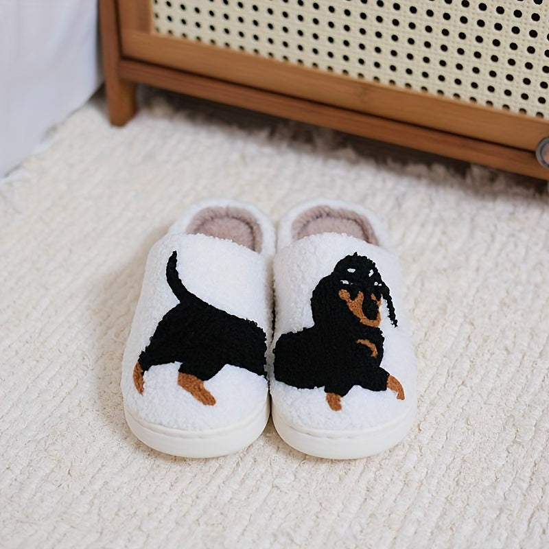 Women's Dog Embroidered Plush Slide Slippers