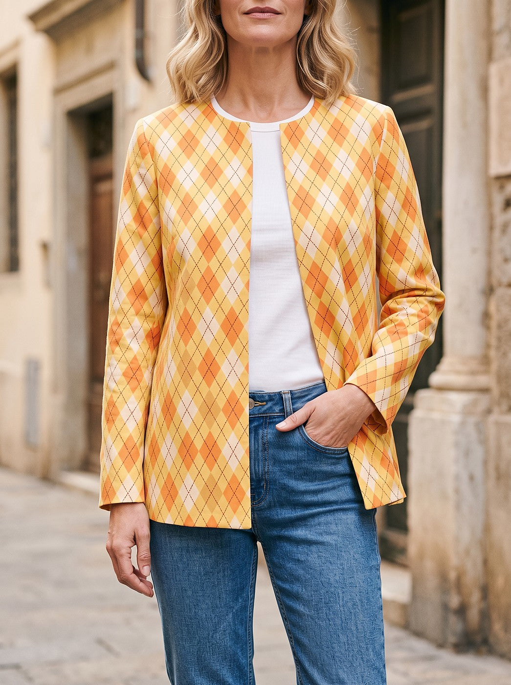 Women's Argyle Print Collarless Open Cardigan