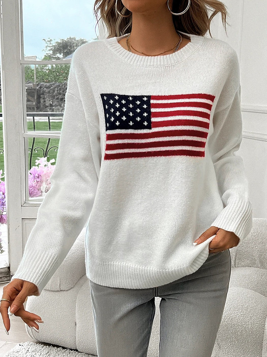 Women's American Flag Crewneck Pullover Sweater