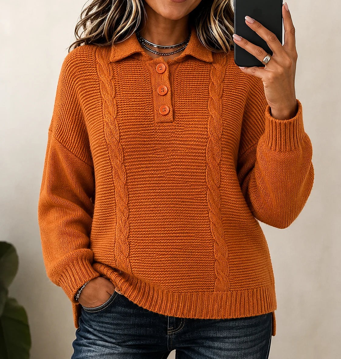 Women's Cable Knit Johnny Collar Polo Sweater