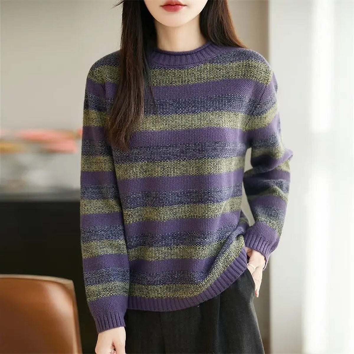 Women's Marled Stripe Loose Fit Fall Sweater
