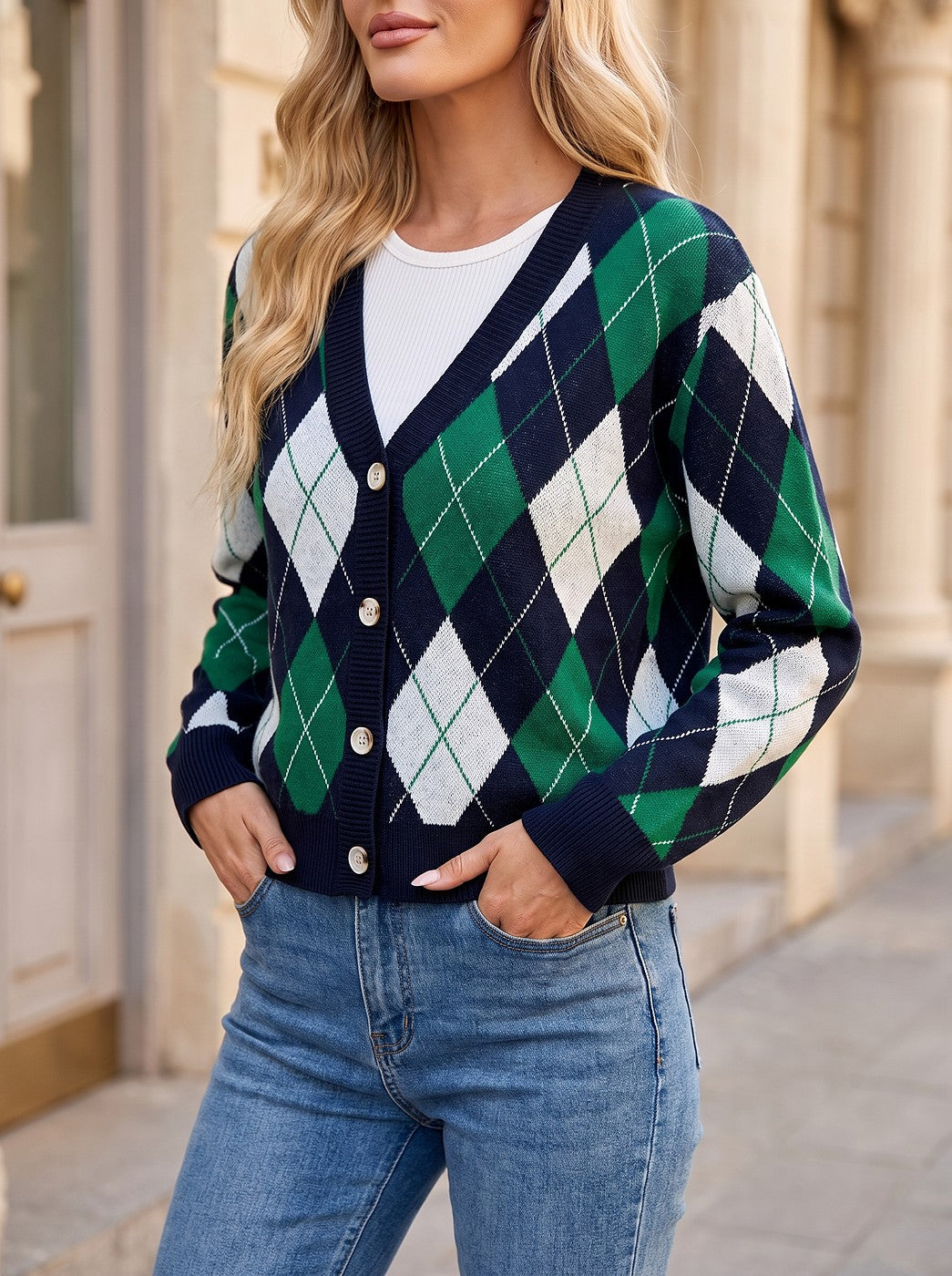 Women's Two Tone Argyle Fall Cardigan