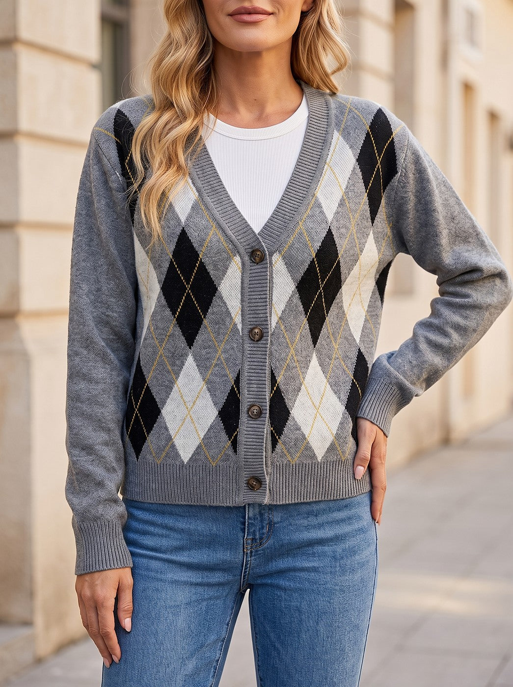 Women's Two Tone Argyle Fall Cardigan