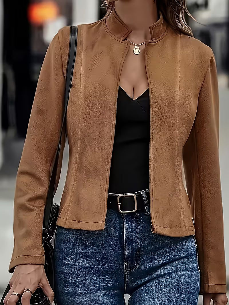 Women's Faux Suede Cropped Jacket Stand Collar