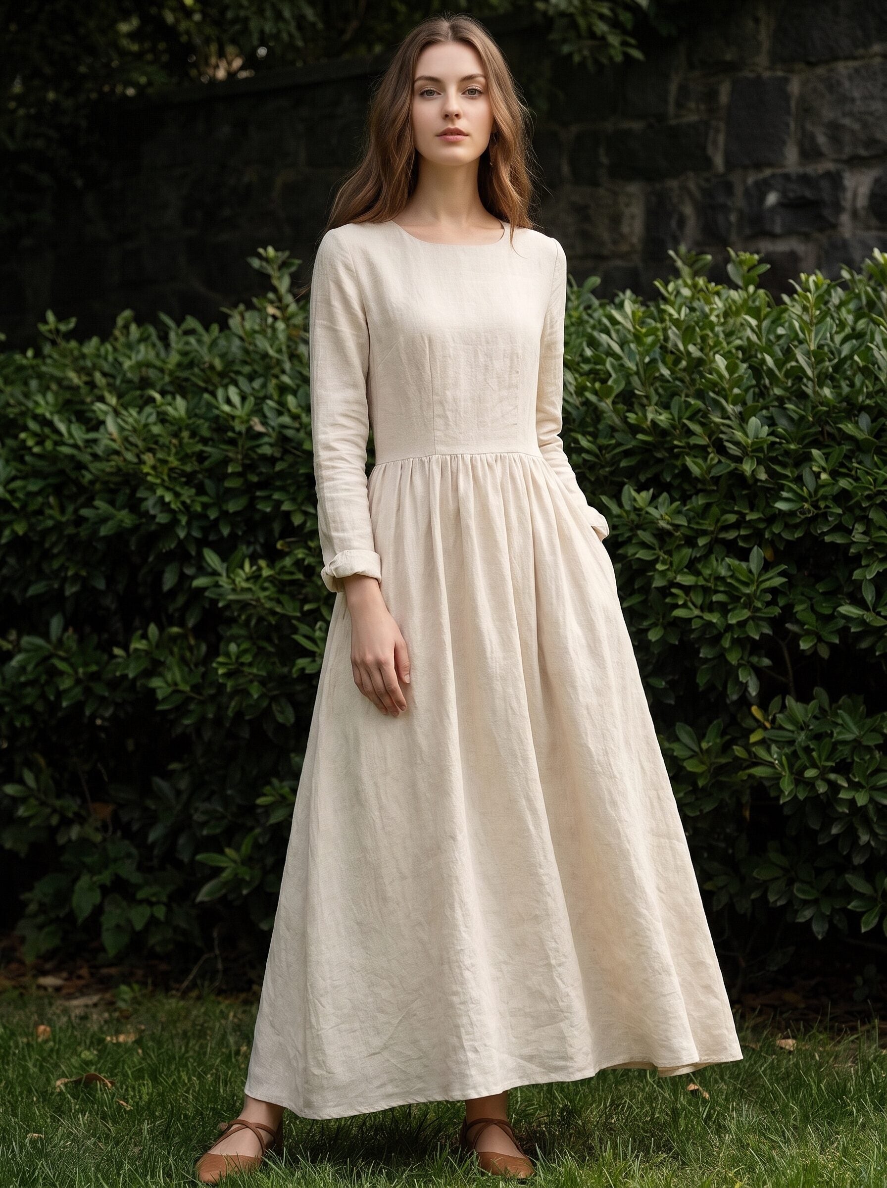 Women's Linen Long Sleeve Maxi Dress