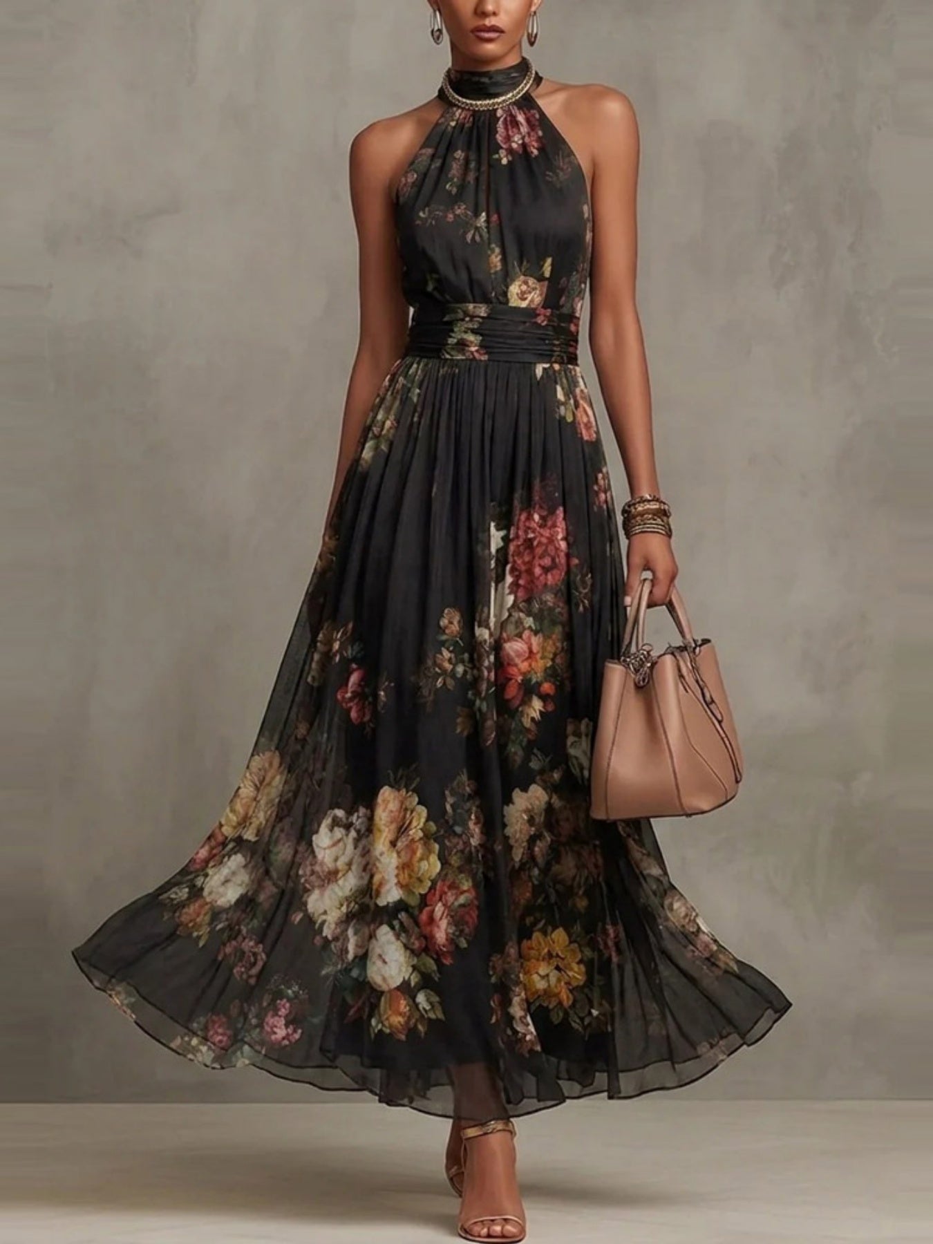 Women's Draped Midi Dress in Purple Floral