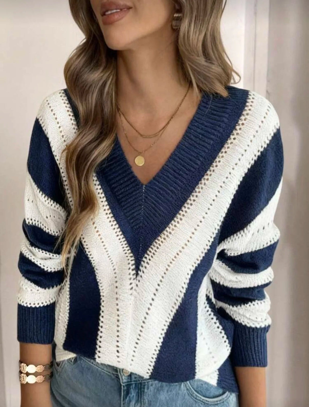 Women's Striped V Neck Loose Knit Sweater