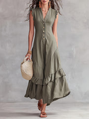 Women's V-Neck Button Front Ruffle Maxi Dress