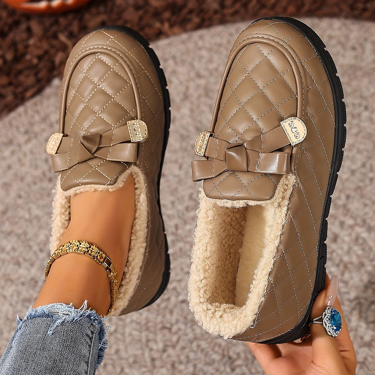 Women's Quilted Fur Lined Slipper Loafers