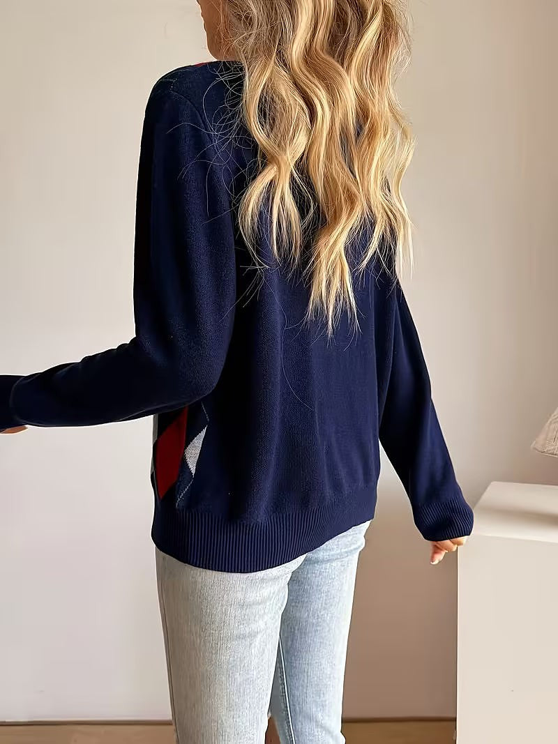 Women's Preppy Argyle Crewneck Cardigan
