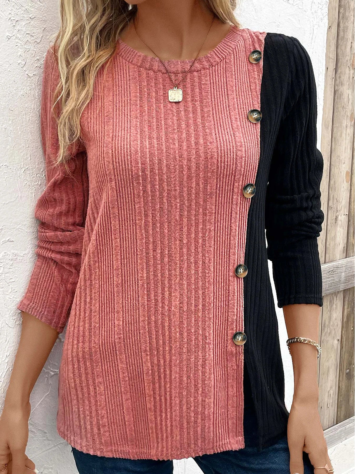 Women's Color Block Button Long Sleeve Top
