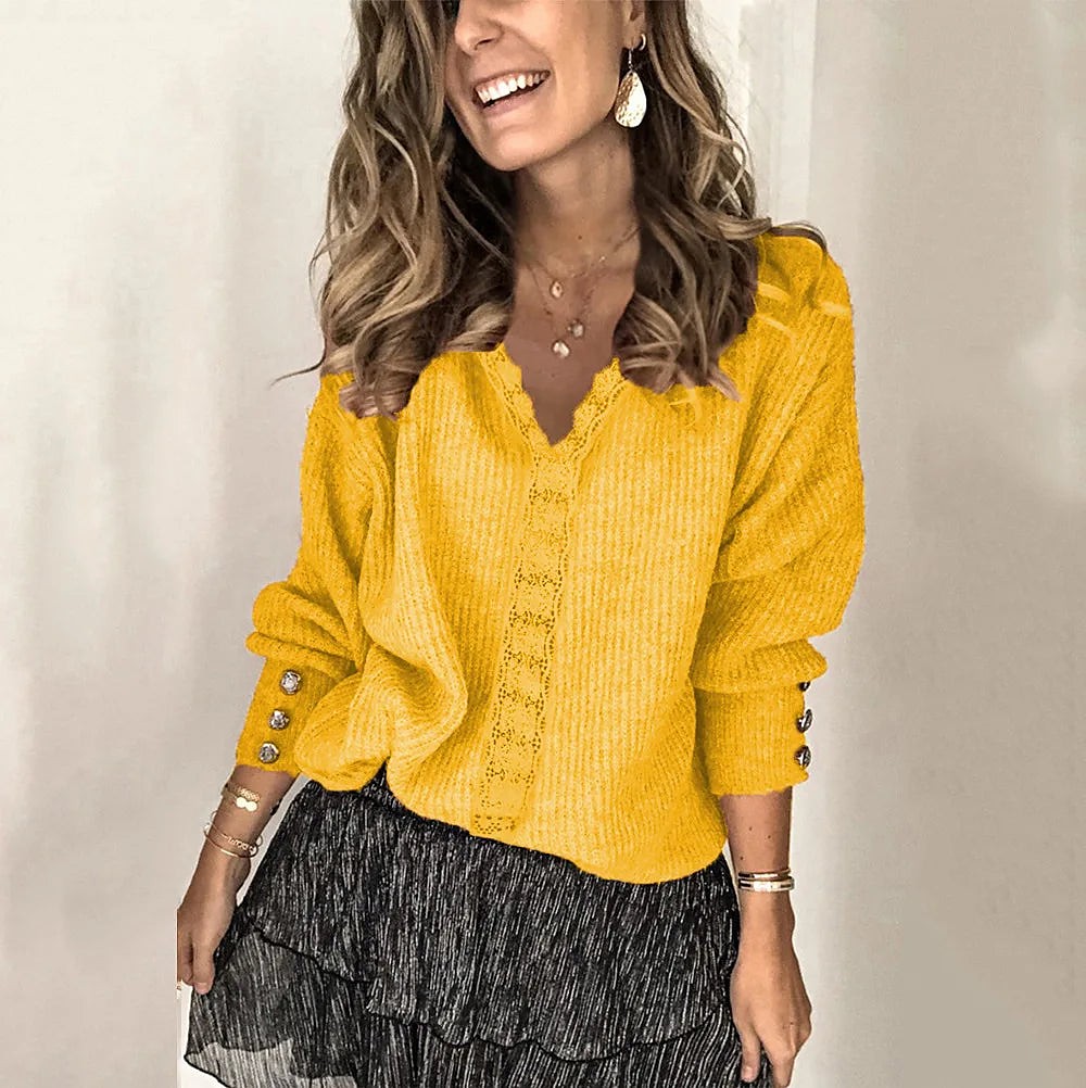 Women's Crochet Panel Lace V Neck Sweater