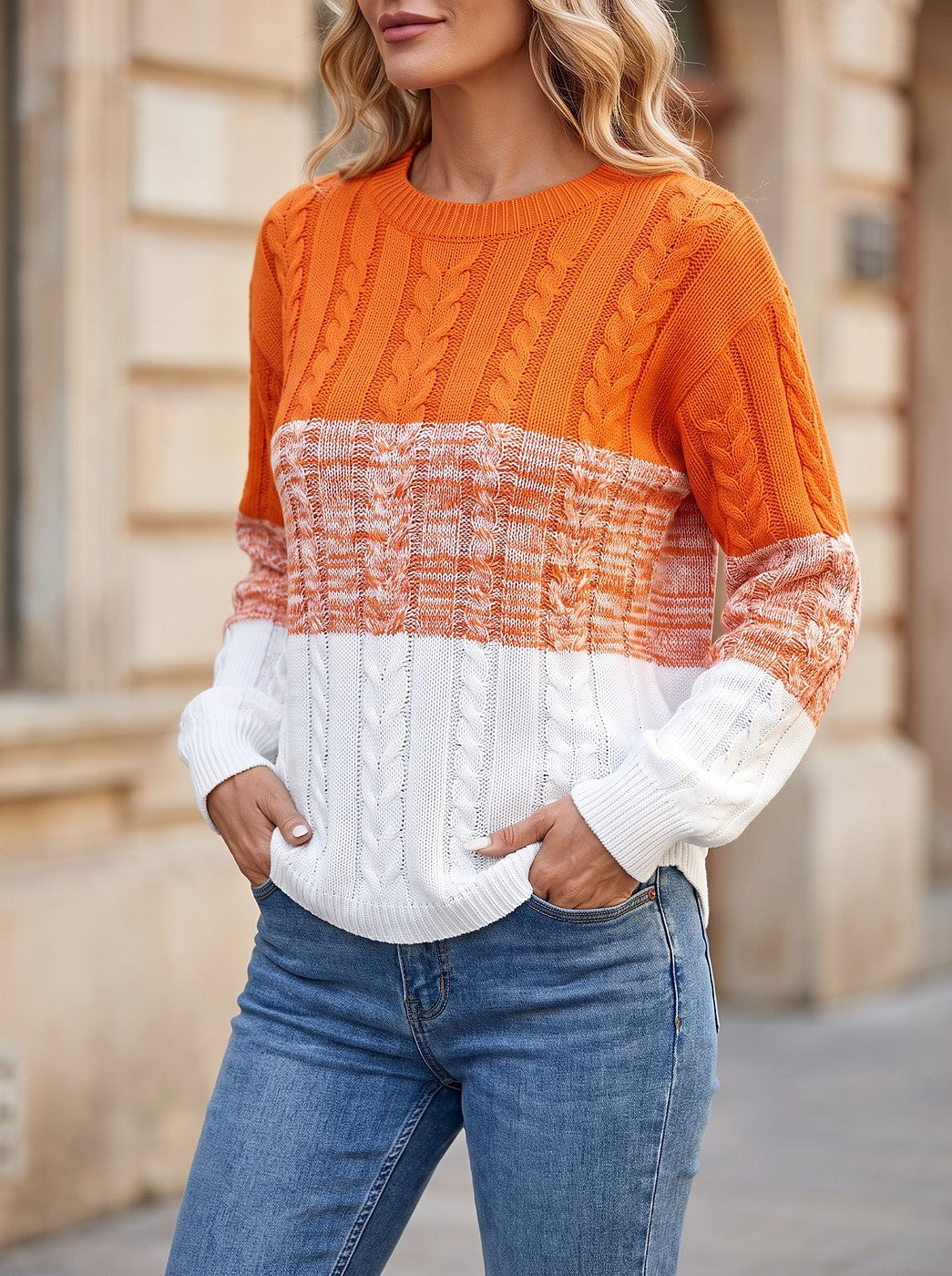 Women's Ombre Cable Knit Crewneck Pullover