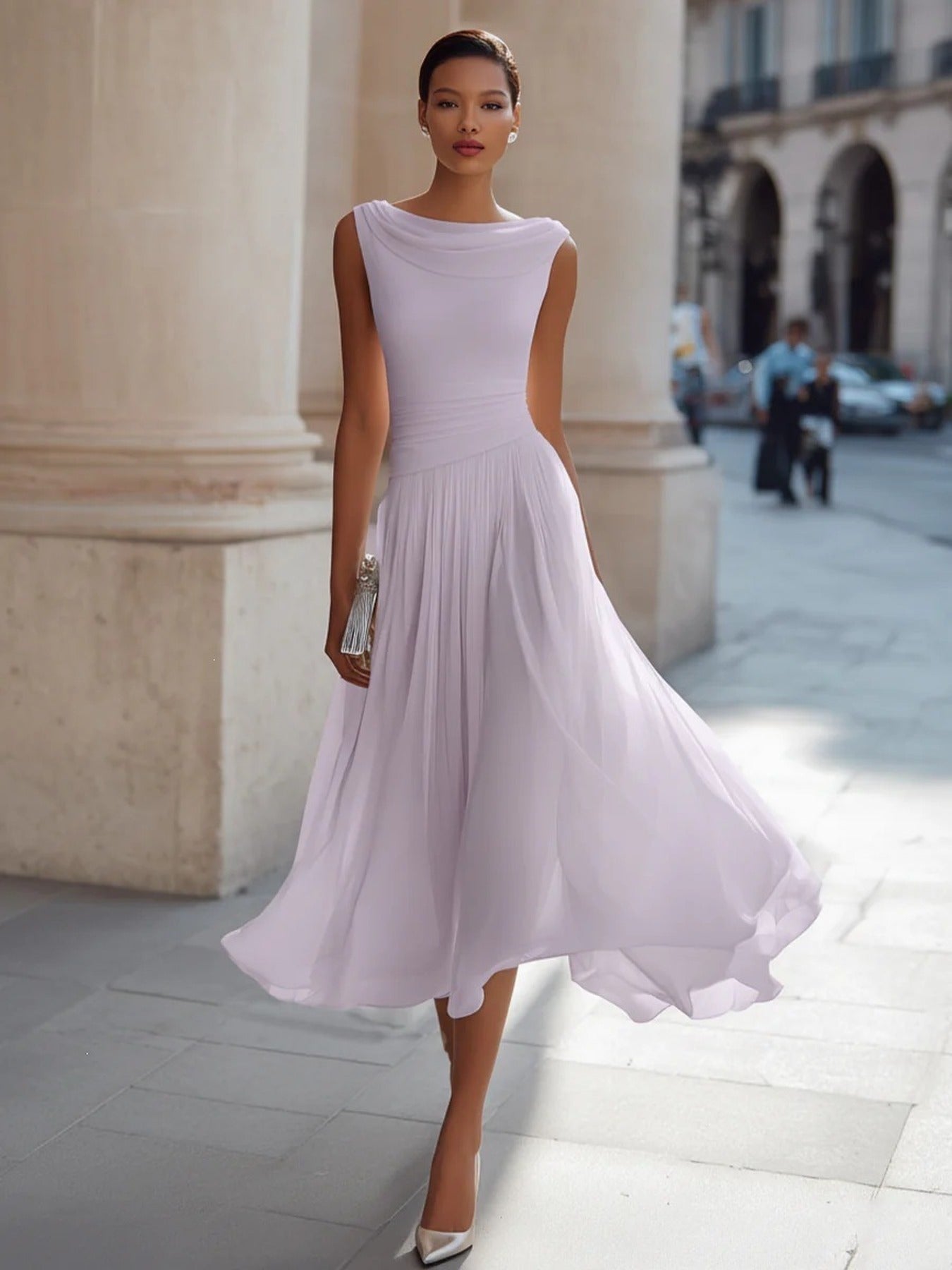 Women's Cowl Neck Pleated Flowy Midi Dress