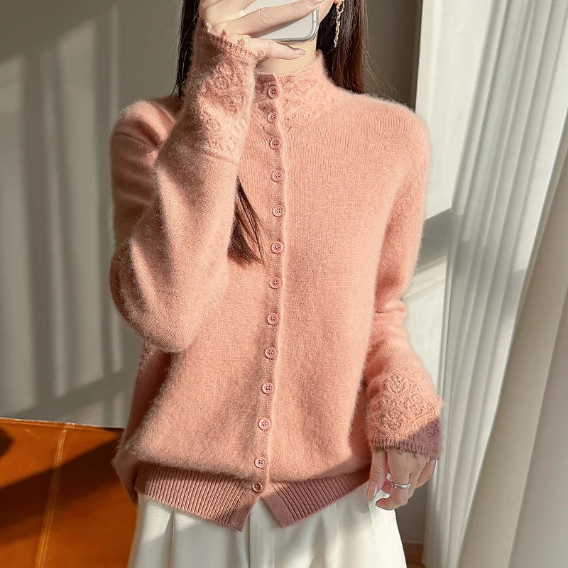 Women's Mohair Button Up Cardigan Mock Neck