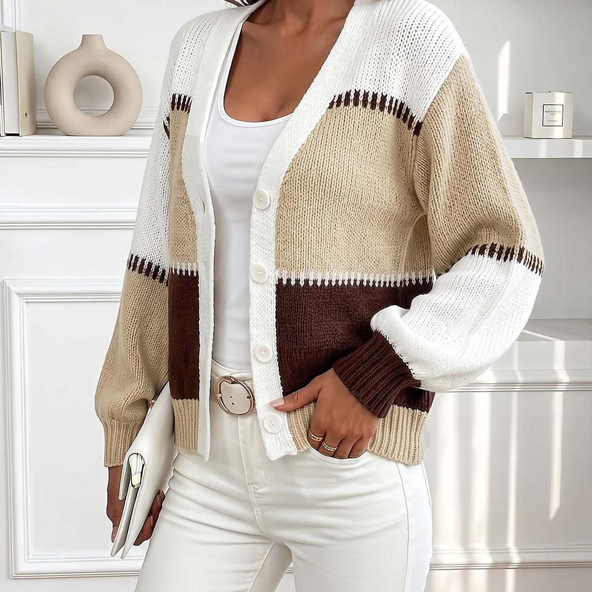 Women's Color Block Ribbed Puff Sleeve Cardigan