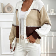 Women's Color Block Ribbed Puff Sleeve Cardigan