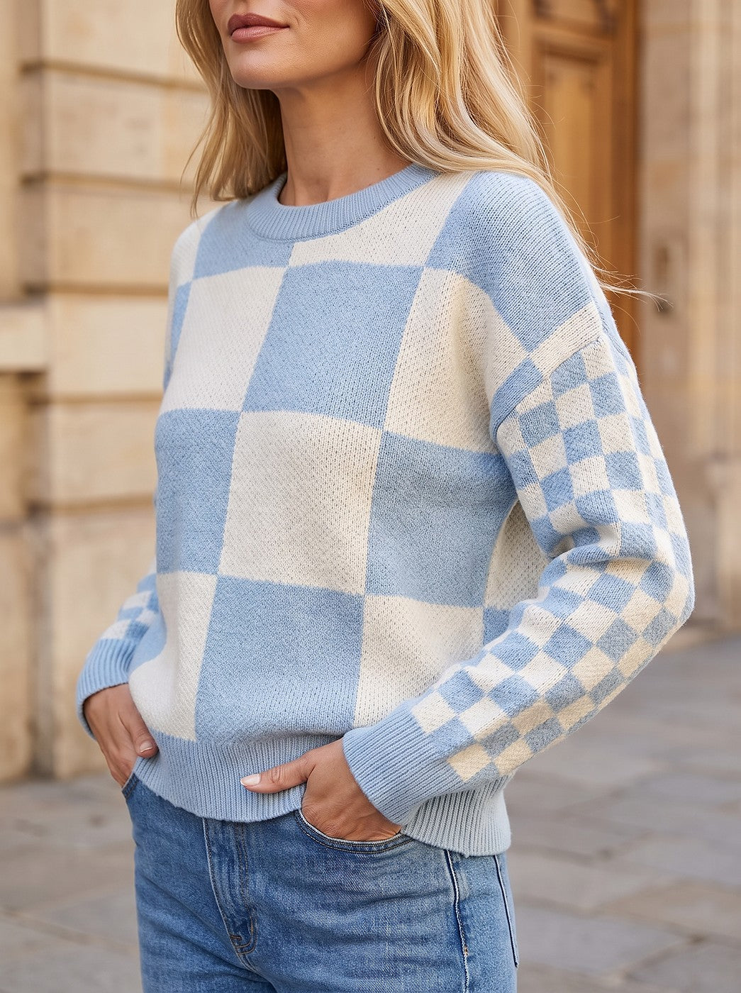 Women's Two Tone Check Drop Shoulder Pullover