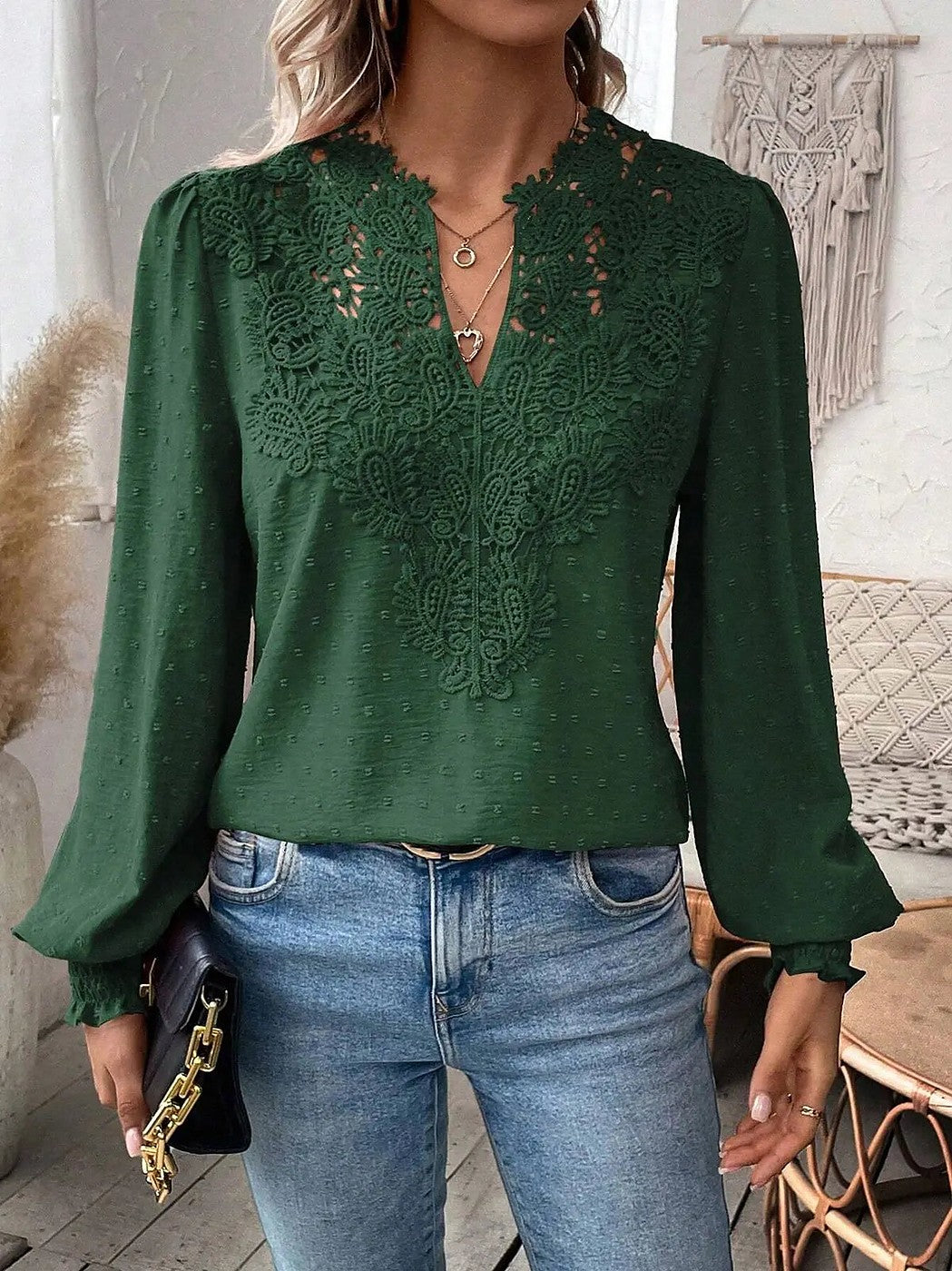 Women's Swiss Dot Lace Puff Sleeve Blouse