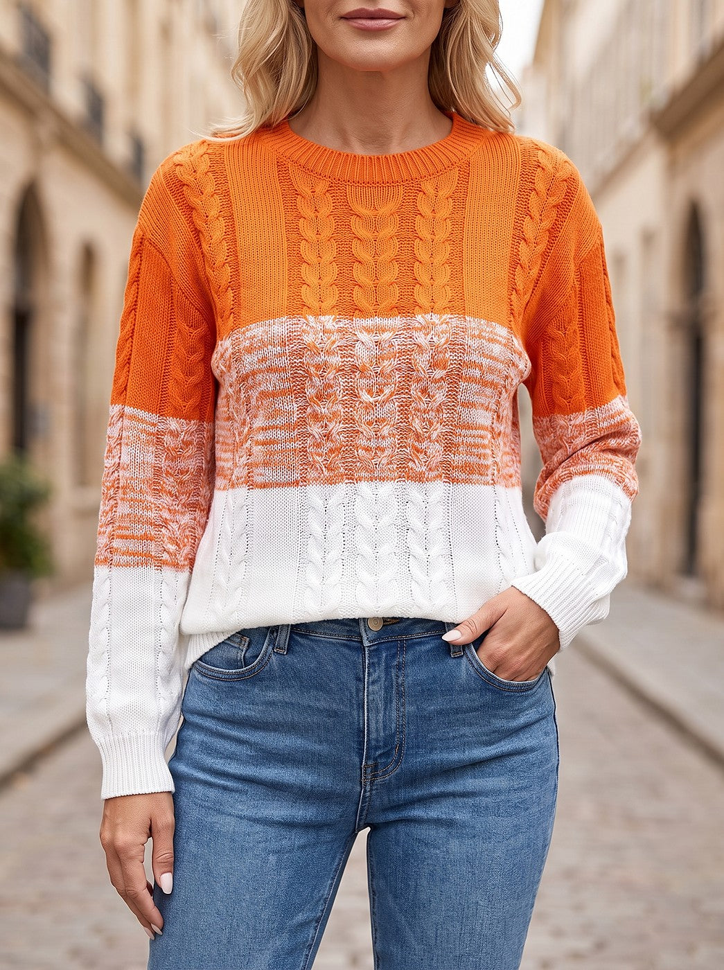 Women's Ombre Cable Knit Crewneck Pullover