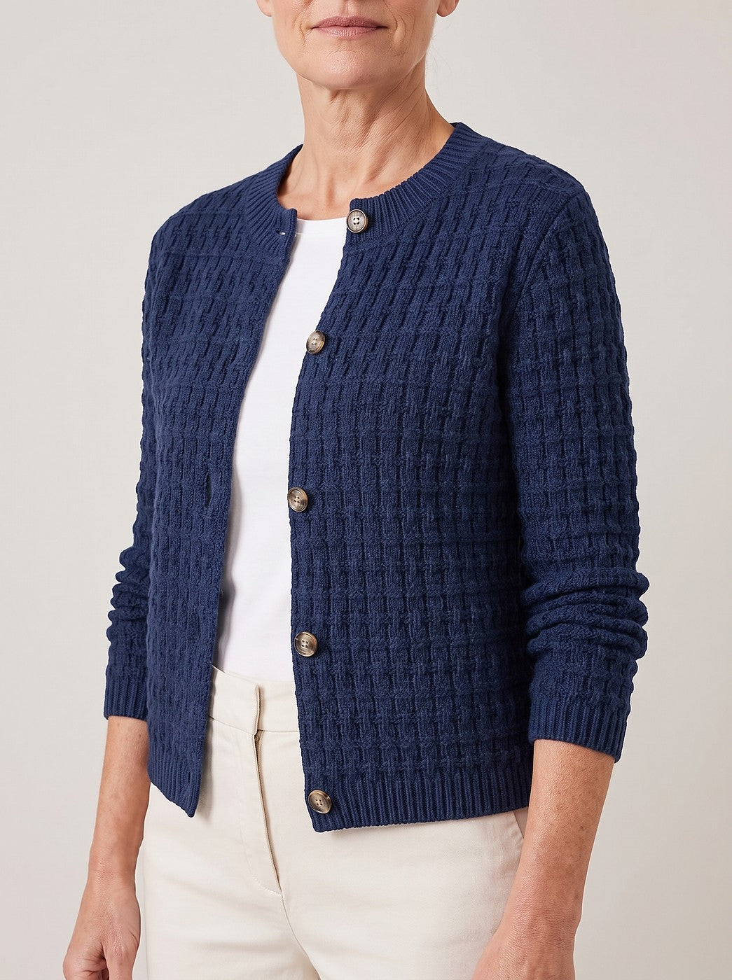 Women's Waffle Knit Cardigan with Metal Buttons