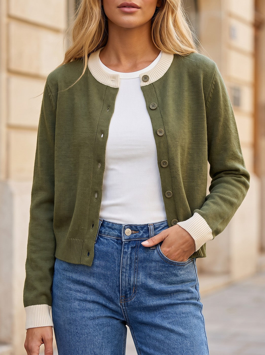 Women's Cropped Button Front Cardigan Contrast Trim