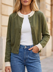 Women's Cropped Button Front Cardigan Contrast Trim
