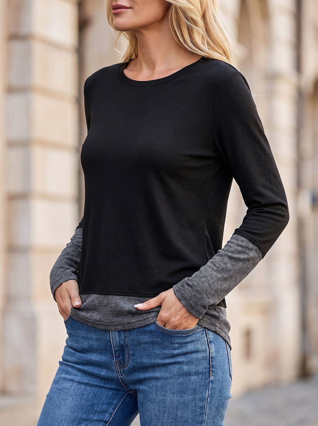 Women's Contrast Cuff Hem Long Sleeve Top
