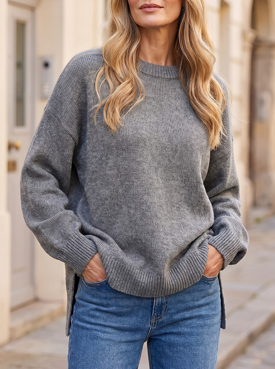 Women's Slouchy Drop Shoulder Side Slit Sweater