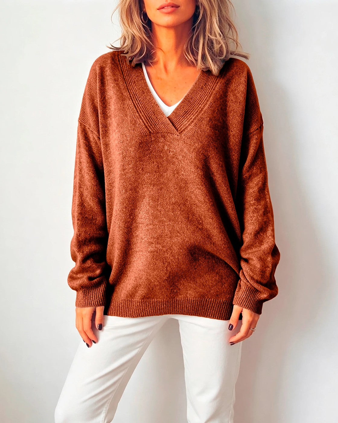 Women's Oversized Drop Shoulder Deep V Sweater