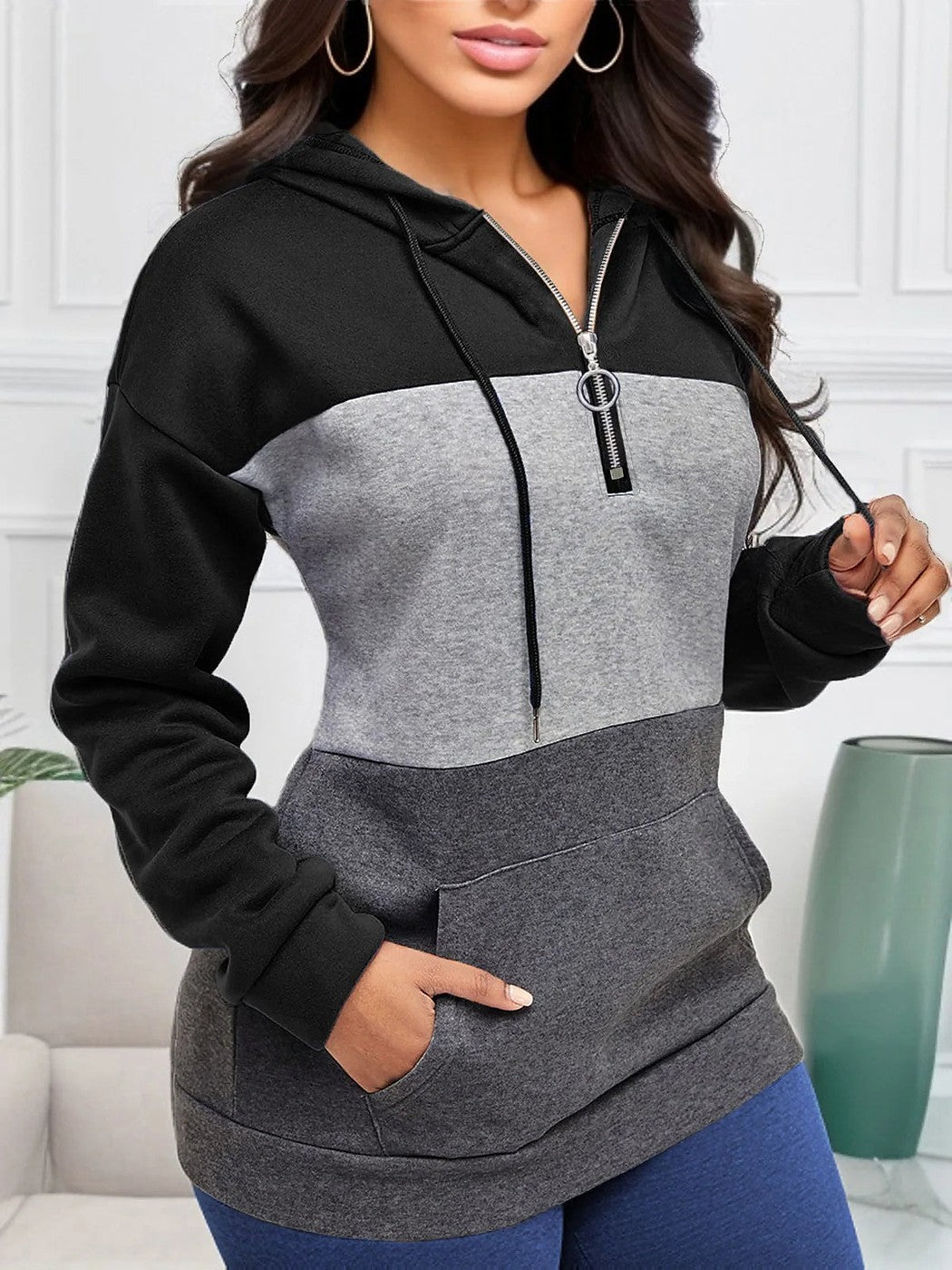 Women's Color Block Half Zip Fleece Hoodie