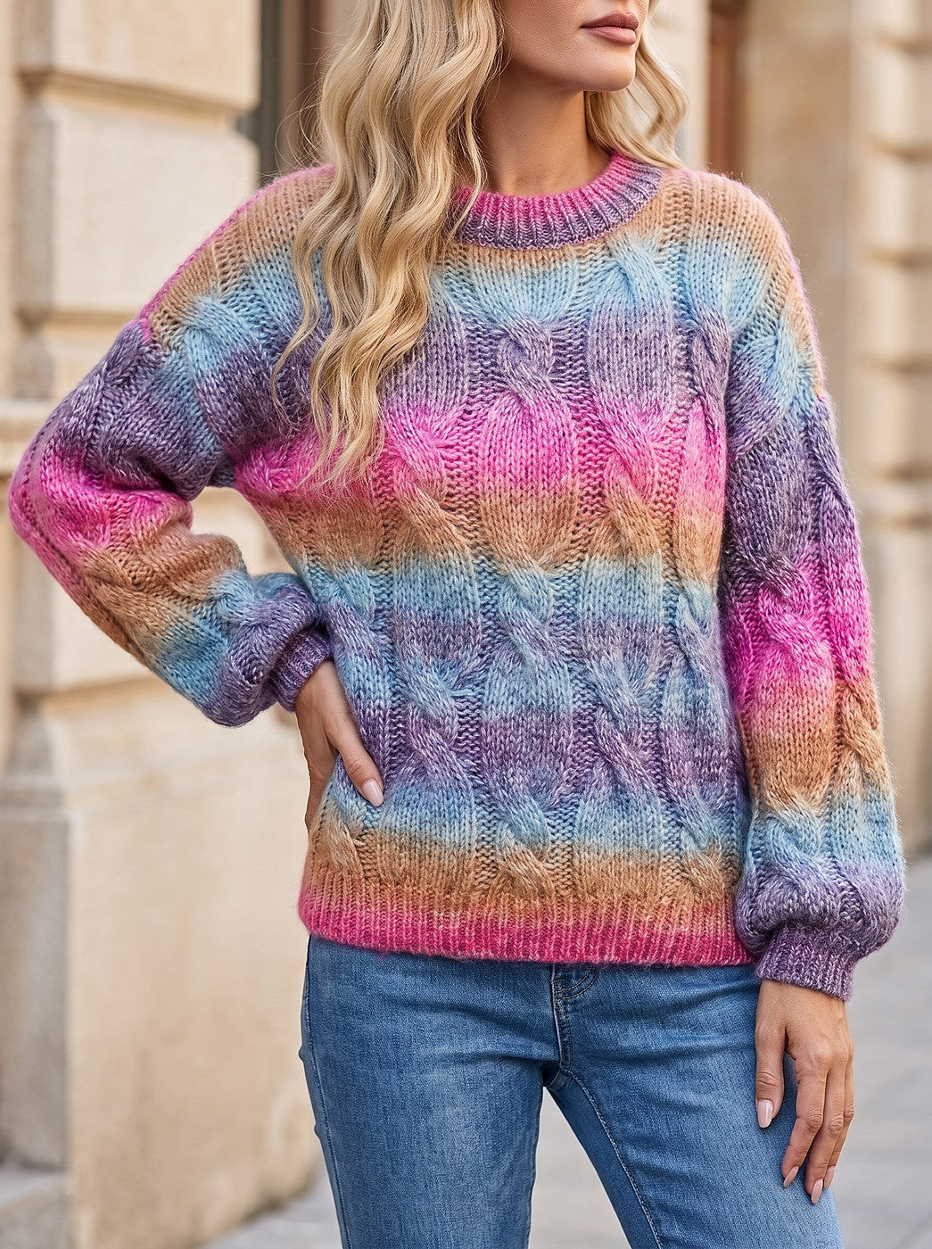 Women's Ombre Cable Knit Balloon Sleeve Sweater