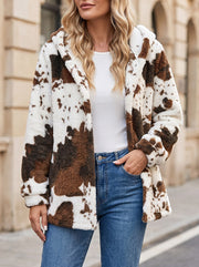 Women's Cow Print Sherpa Hooded Fleece Jacket
