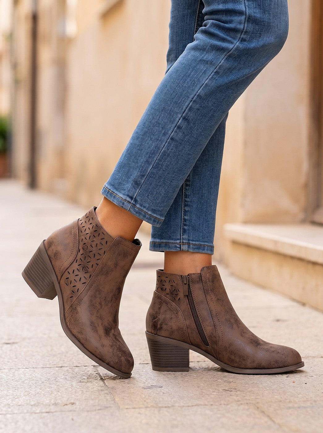 Women's Cutout Ankle Booties Stacked Heel