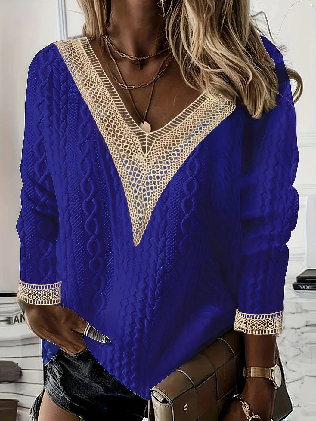 Women's Cable Knit Crochet Trim Fall Sweater