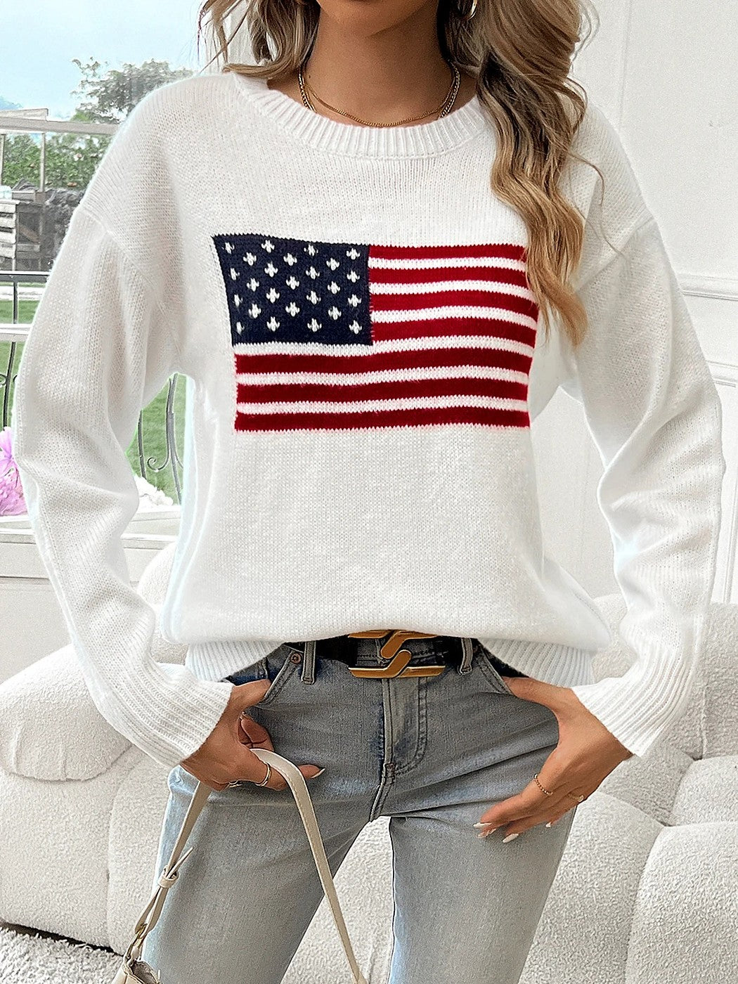 Women's American Flag Crewneck Pullover Sweater