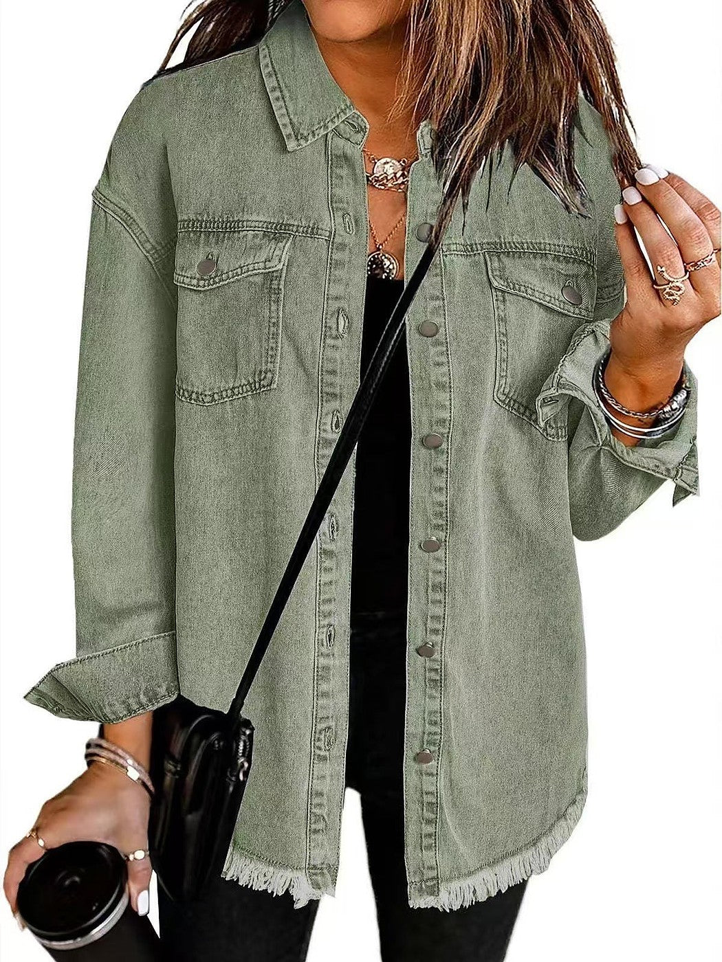 Women's Relaxed Frayed Hem Denim Shacket