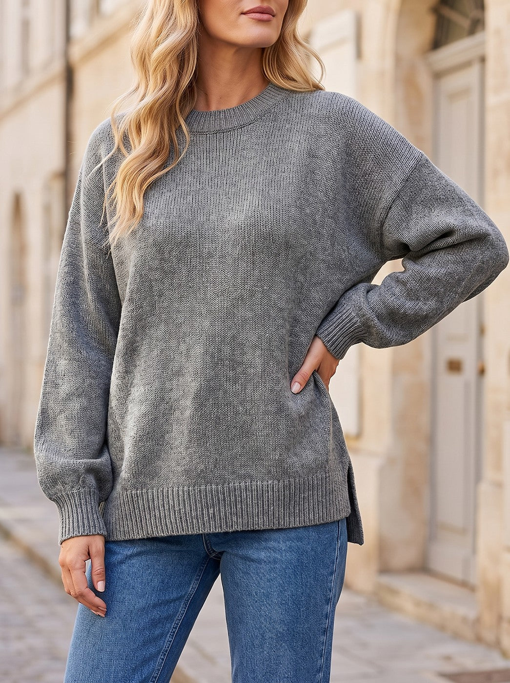 Women's Slouchy Drop Shoulder Side Slit Sweater